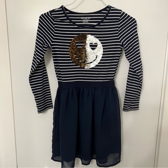 Girls Flip Sequin Dress Smiley Face Blue White Stripe The Childrens Place 7/8 M - Picture 9 of 11